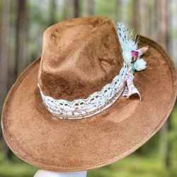 ✨️NEW!!!! 🤎Camel Vegan Suede Fedora – Custom Hand-Decorated