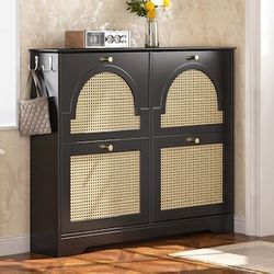 Shoe Cabinet with 4 Rattan Flip Drawers - Hidden Wood Shoe Cabinet Freestanding $80