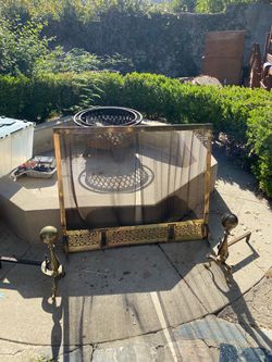 Brass Fireplace Screen with Andirons Set