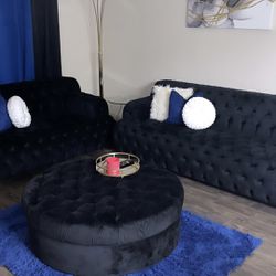 Black Velvet Tufted Sofa & Love Seat W/ Ottoman