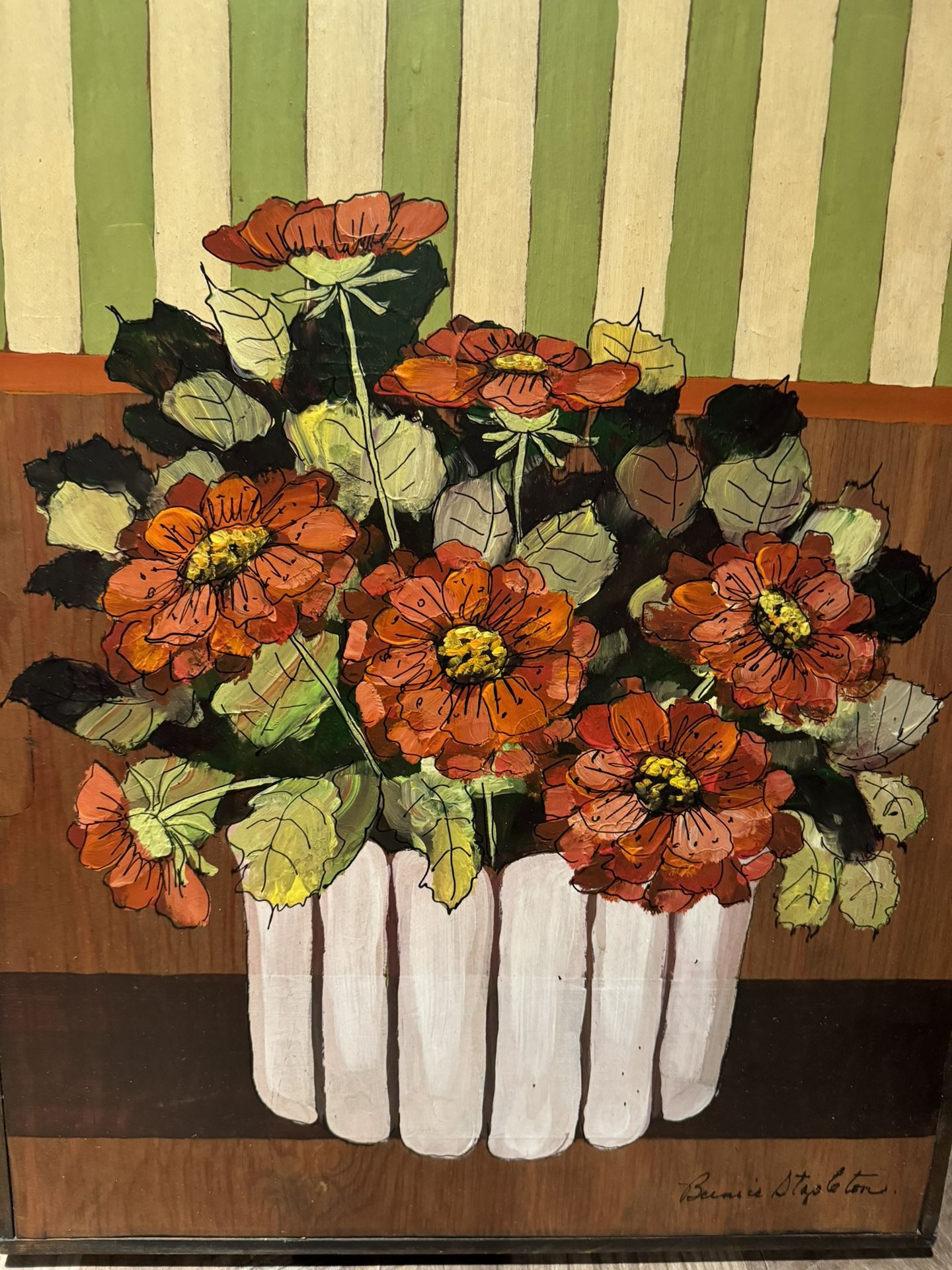Stunning Mid Century Floral Painting On Wood