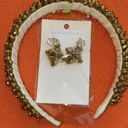 Handmade Crystal Bead, Headband With Earrings As A Set Color Gold
