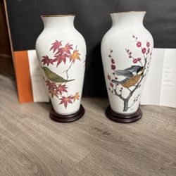 Franklin Porcelain Vases by Ryu Okazaki, Limited Edition, 24K Gold, Birds