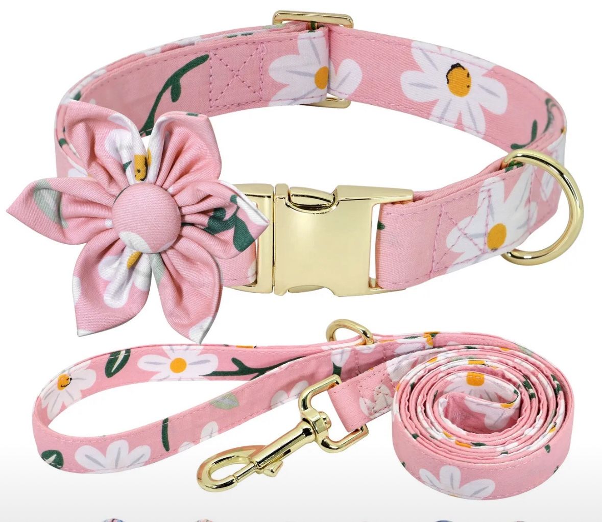 Xs Pink Flower Matching Dog Collar and Leash