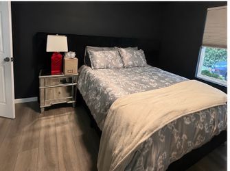 Black Panel Queen Bed + 2 Mirror Nightstands