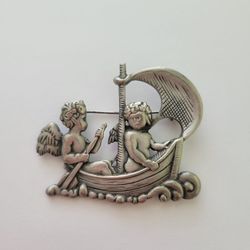 JJ VIntage Angel Pin Brooch Cherub Sail Boat Pewter Silver Tone Signed 1980s