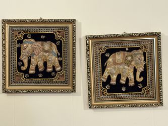 Vintage Framed Thai Kalaga Elephant Embroideries - Pair (10x10)