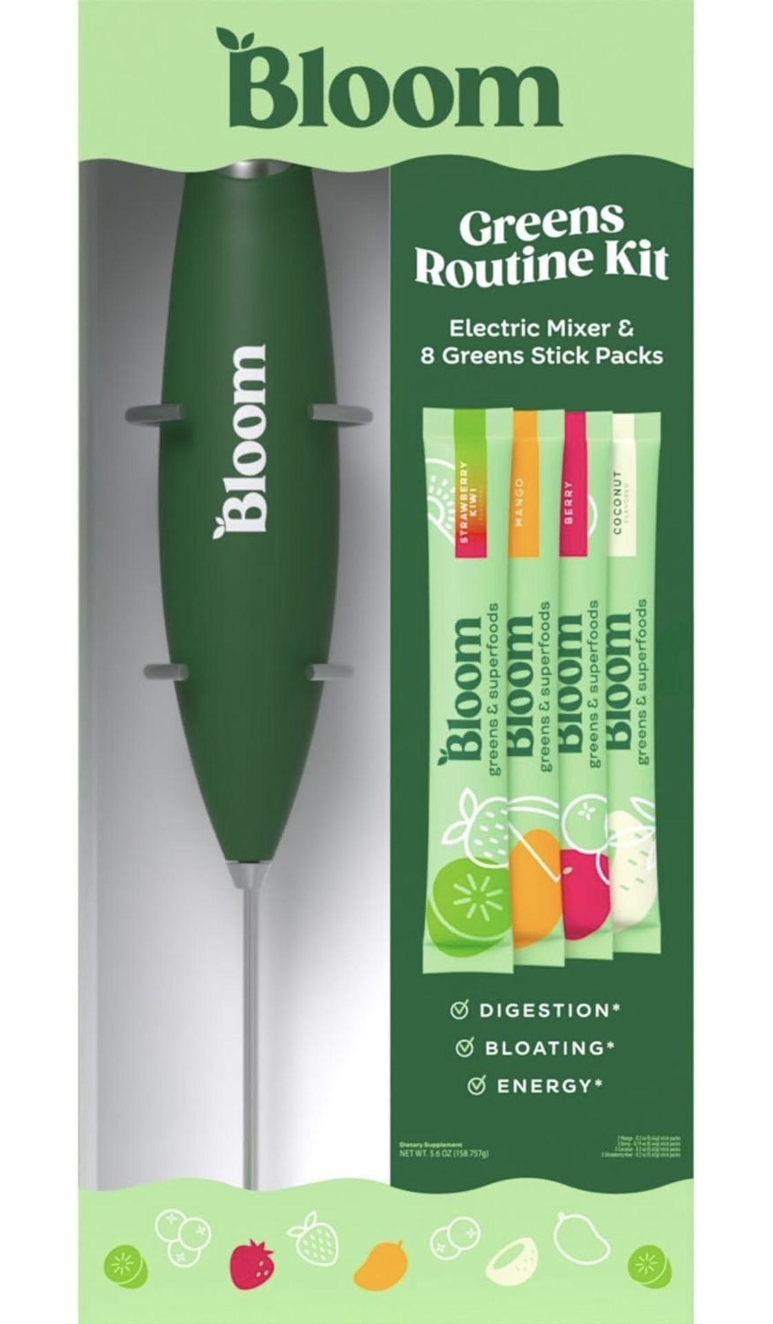 Bloom Nutrition Electric Hand Mixer & 8 Super Greens Powder Stick Packs