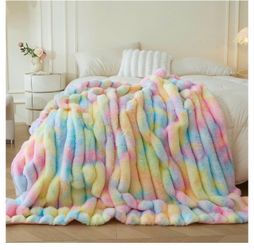 Fluffy Faux Rabbit Fur Ribbed Throw Blanket 50"x60", Rainbow Soft Wide Striped Plush Blanket for Bed Sofa Office, Washable Decorative Tie Dye Shaggy L