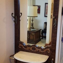 Antique Wood Hall Tree With Mirror And Marble Top