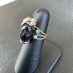 Ladies 14k yellow gold black onyx blue turquoise ring