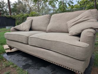 Beige Linen Sofa with Nailhead Trim