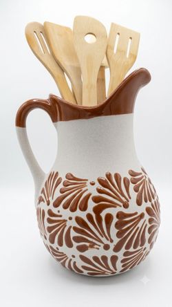 Brown Talavera Style Ceramic Pitcher, Made in Mexico