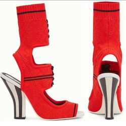 Fendi Red Knit Fabric Peep Toe Cut Out Sandals Size 39