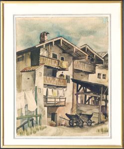 European village framed vintage watercolor painting original artwork cityscape