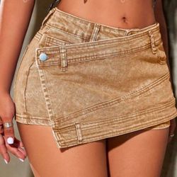 Street Wrap Stretch Irregular A-Line Skinny Cargo Denim Mini Skort (Brown)
