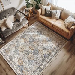 5x7 Washable Nonslip Floral Medallion Moroccan Area Rug, Beige/Blue Tones, NEW