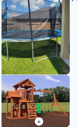 Wooden Kids Outdoor Playset Playhouse And Trampoline