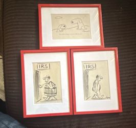 Schulz Crane Signed Set of 3 Matted & Framed Cartoon Dog IRS Drawings