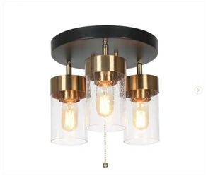 Modern 18.1 in. 3-Lights Black/Brass Semi-Flush Mount Light Light Fixture Clear Seeded Glass Shades - New