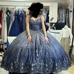 Quince Dress Blue And Silver Shiny 