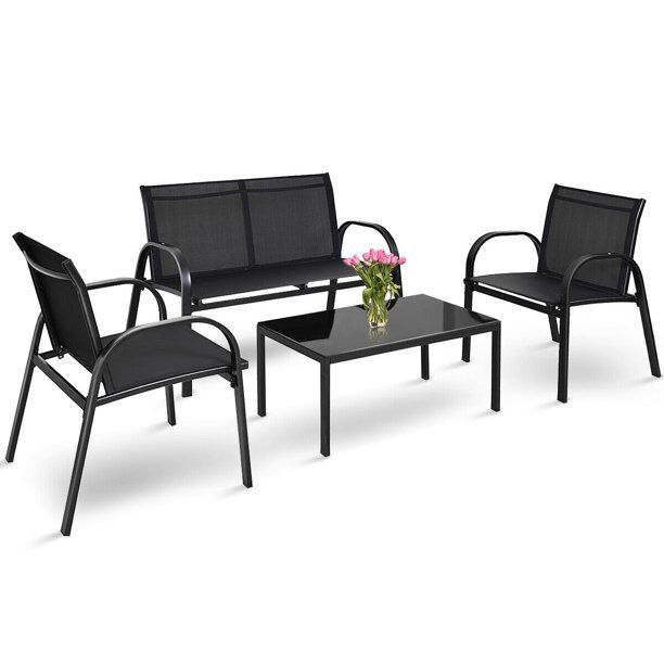 4 PCS Pätio Sët Söfa Cöffee Täble Stëel Främe Garden Dëck, Black