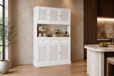 70"Tall & Freestanding Kitchen Pantry Cabinet with Adjustable Shelves & Louvered Door, White.