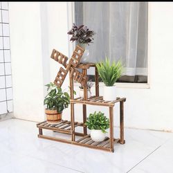 Plant Stand High Low Flower Display Shelves Rack Holder,4 Tier Wood Plant Stand Planter Holder Windmill Style Outdoor Indoor Porch Decor