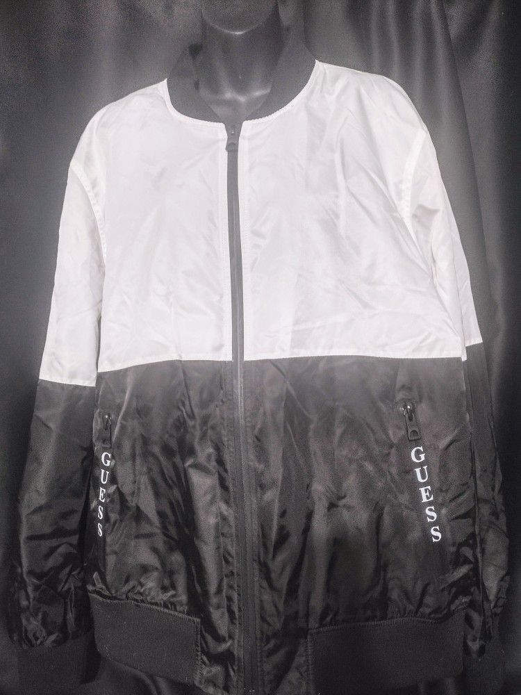 Guess Reflective White And Black Split Bomber Jacket 