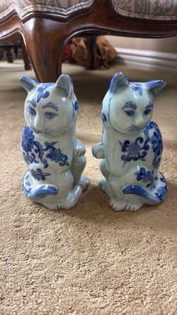 Blue and White Porcelain Cat Figurines Pair