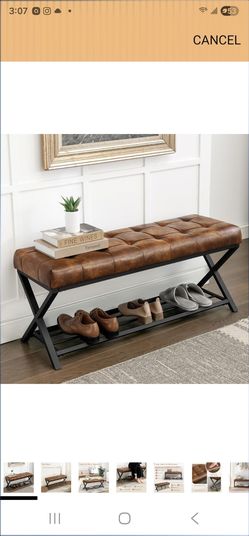 New 44.5" Tufted Faux Leather Entryway Bench with Shoe Rack