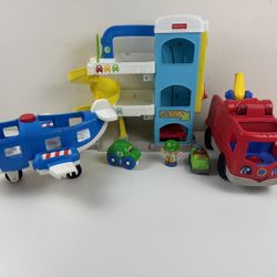Fisher-Price Little People, Carport Plane And Fire Engine 2 Cars & 1 Figure