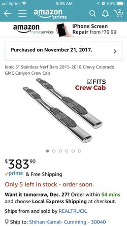 Brand new in Box onic 5" Stainless Nerf Bars 2015-2018 Chevy Colorado/ GMC Canyon Crew Cab. Paid over $400.