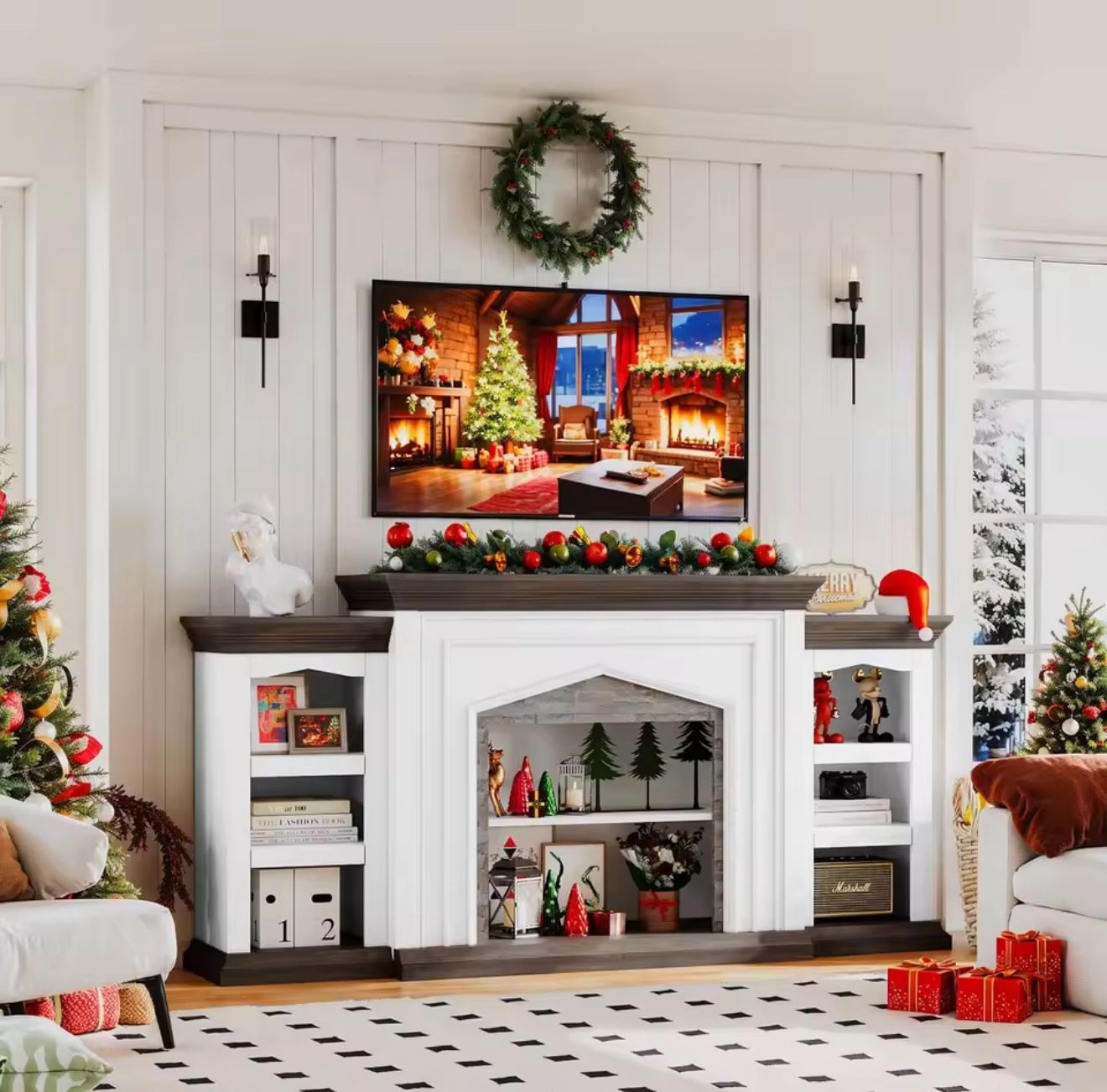 🔥 80” Electric Fireplace TV Stand with Mantel & Storage Shelves – White & Brown