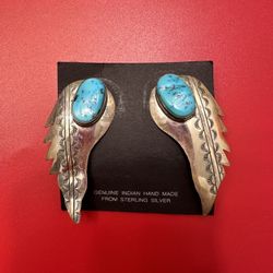 Vintage Navajo Sterling Silver & Turquoise Earrings  Wing Shape