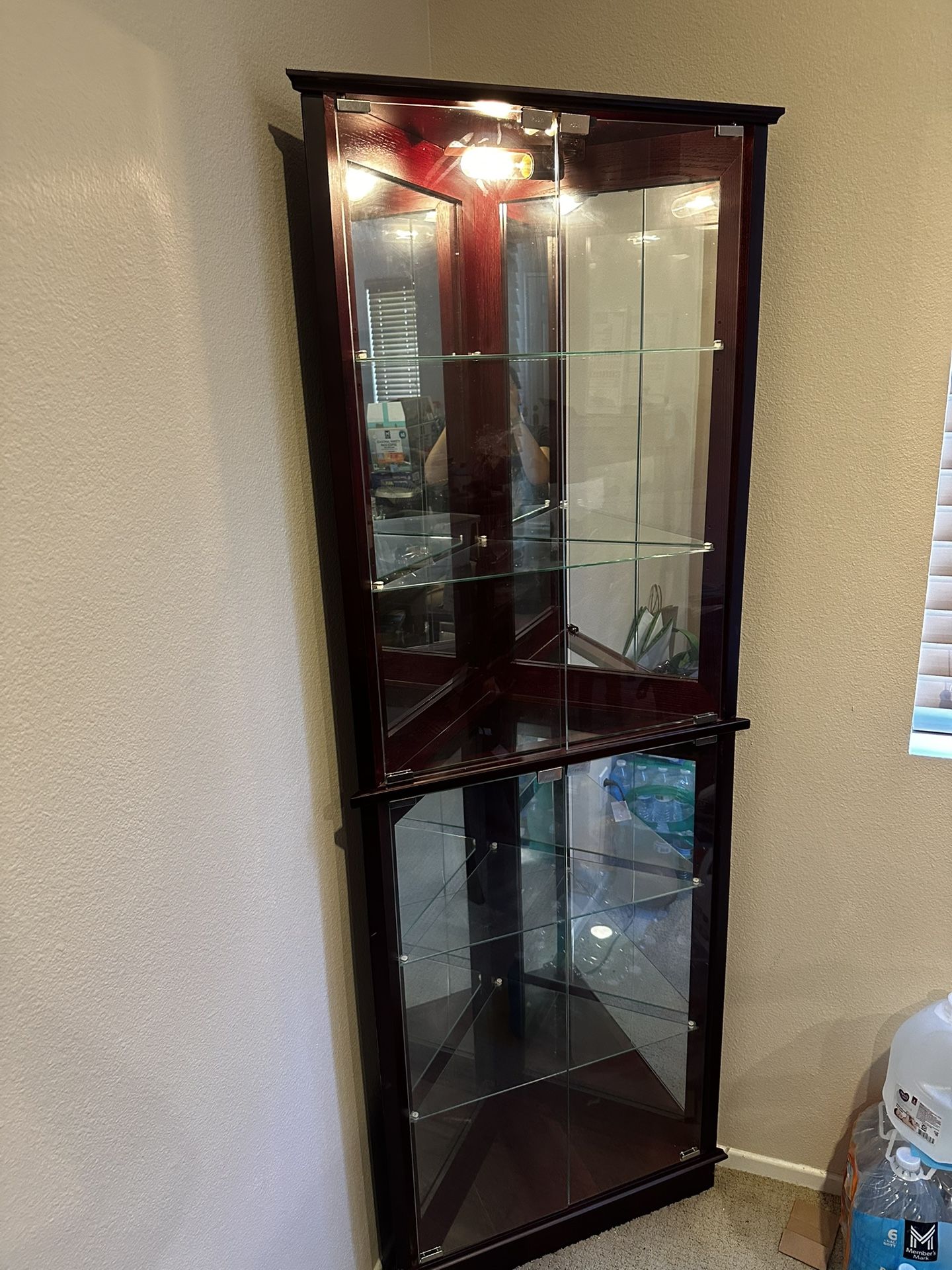 Cherry Lighted Corner Display Cabinet with Glass Shelves
