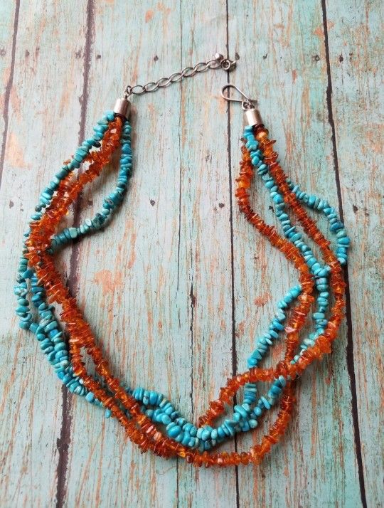 Vintage 925 Jay King DTR Baltic Amber and Turquoise Gemstone Necklace 20 Inch Sterling Silver