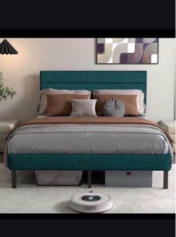 New in Box Teal Upholstered Platform Bed Frame
