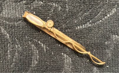 Gold-plated brass and Mother of Pearl Fishing Reel Classic Vintage Tie Clip. OBO
