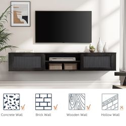 Floating TV Stand with Power Outlet and Rattan Doors, Wall Mounted Multimedia Console with Cable Management, Modern Entertainment Center for Living Ro