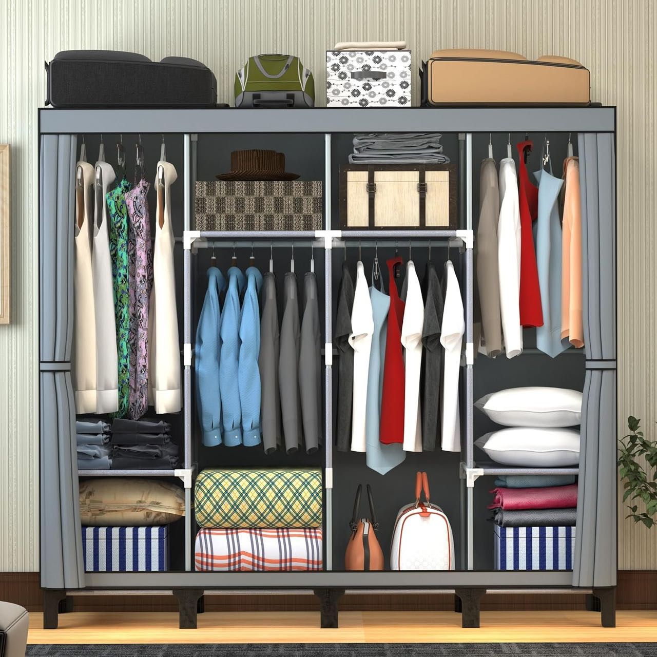Portable Closet , Width 67inch, Large Capacity, with Cover, 4 Storage Shelves and 4 Hanging Rod Sturdy Free Standing Closet for Bedroom
