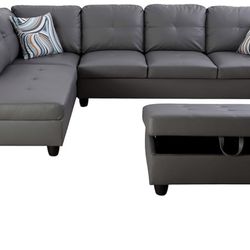 Dark Gray Leather Sectional Couch And Storage Ottoman