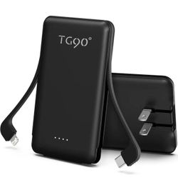 TG90° 5000mAh Portable Charger Built-in AC Wall Plug & Cables Pocket Size Black