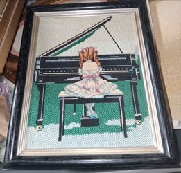 Framed Needlepoint Girl at Piano