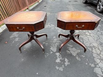 2 Vintage Single Drawer Octagonal Side Tables Faux Leather Top Pedestal Base with Casters
