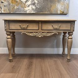 52” Wide Solid Wood Ortanique Light Beige Cream Sofa Table- Ornate Entry Table With Two Drawers