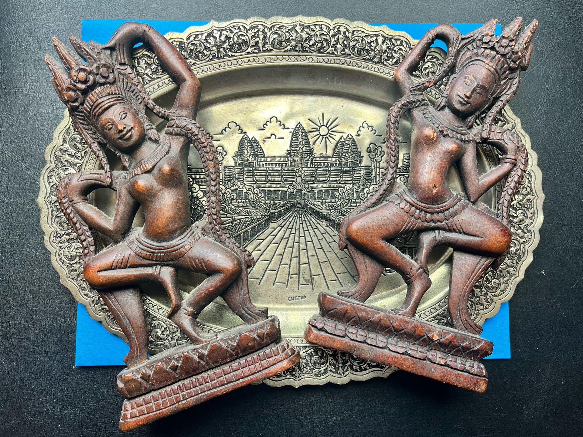 Antique 🇰🇭 Cambodian Goddess Figures & Angkor Wat Silver Platter 