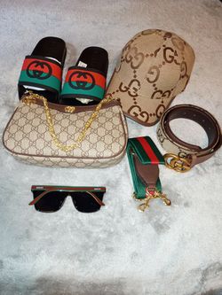 New Gucci hat, belt, purse, sunglasses, sandals.