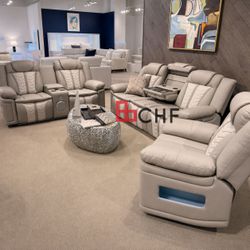 Modern Luxurious  Power Reclining 3 Piece Sofa Set With Reading  Light , Sub Woofer