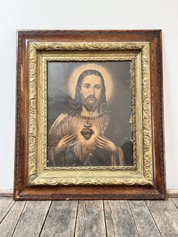 Antique Framed Sacred Heart Of Jesus Print - 30 1/2"